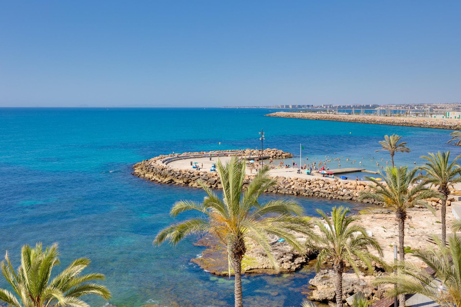 Sea view and palm trees on the Torrevieja coast